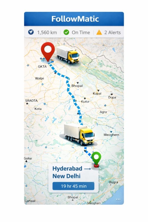 FollowMatic mobile app screenshot showing live truck tracking on a map