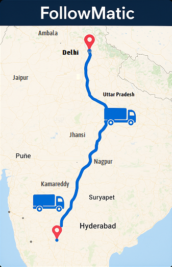 FollowMatic mobile app screenshot showing live truck tracking on a map